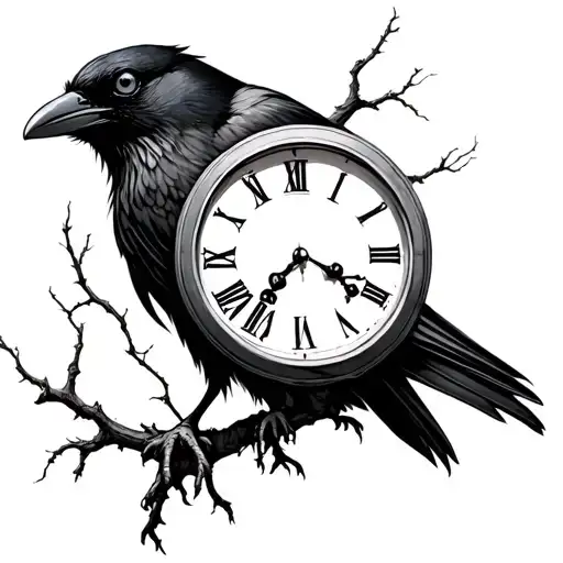 Dead Tree Raven Holding Clock