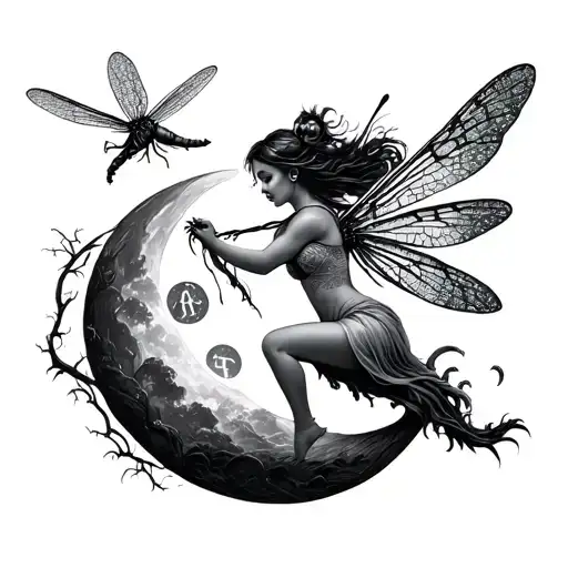 A Fairy Riding A Dragonfly Through A Forest Of Triple Moon Runes