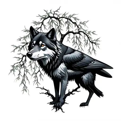 Wolf And Raven With Willow Tree