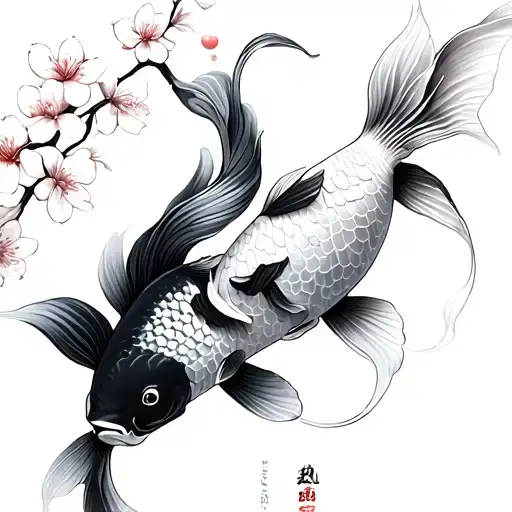 Two Koi Fish With Cherry Blossoms Abstract