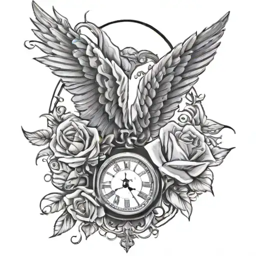 Angel Wings And Roses Wrapped On A Roman Clock