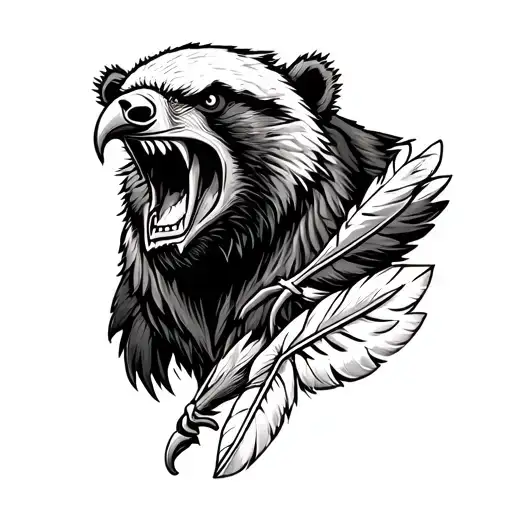 Angry Grizzly Bear And Eagle Feathers