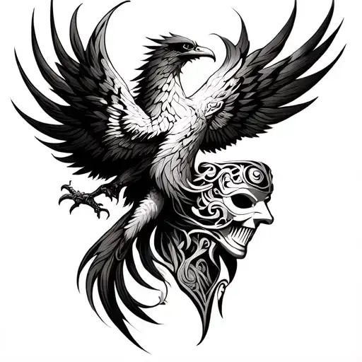 Pni Mask Tattoo On Arm And Phoenix In Chest Men