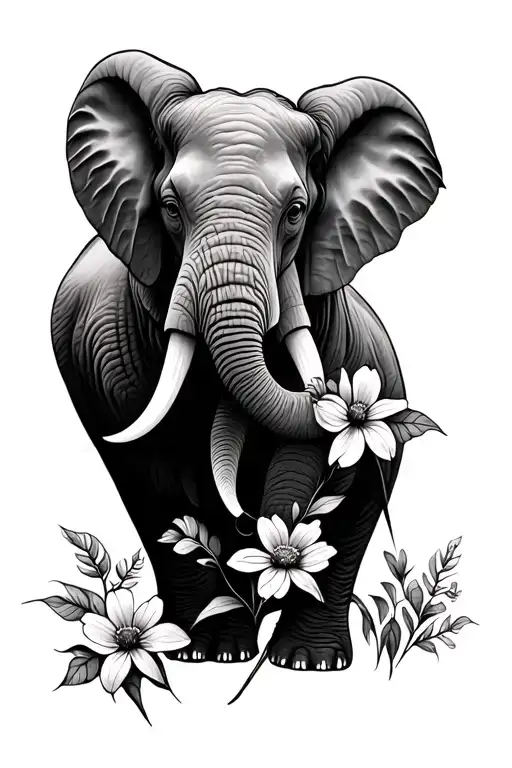 Elephant With Long Ears Wild Flowers Intertwined Representing