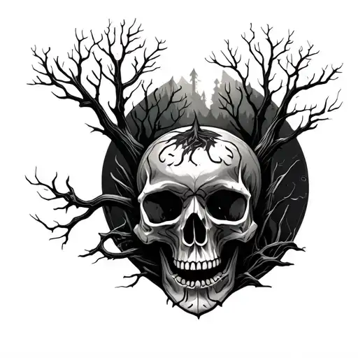 Dark Forest Tattoo With Shadow Tree Skulls