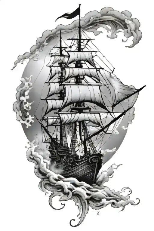 Small Pirate Ship Stormy Seas Compass Rose Falling Moon