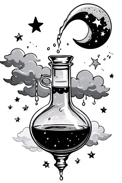 Potion Bottle Pouring Stars With Moon And Clouds Floating