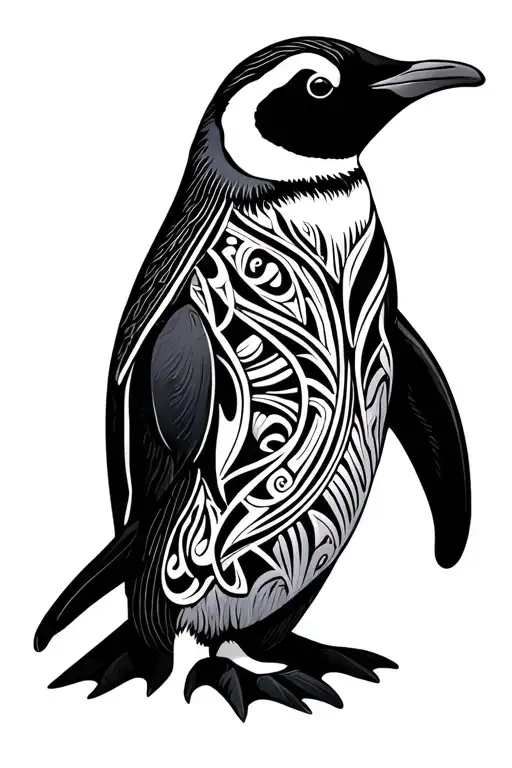 Simple Outline Of An Adelie Penguin Made Of Maori Tirbal Design