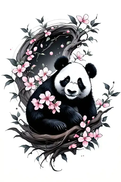 Panda And Cherry Blossoms Flowing Lines