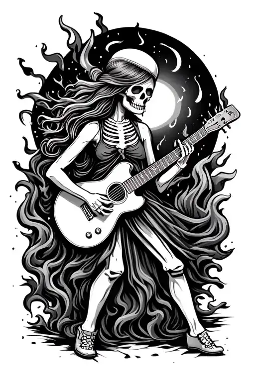 Fire Spin Tattoo With Hippie Girl Dancing And Skeleton Playing Guitar