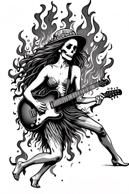 Fire Spin Tattoo With Backside Of Topless Hippie Girl Dancing And Skeleton Playing Guitar