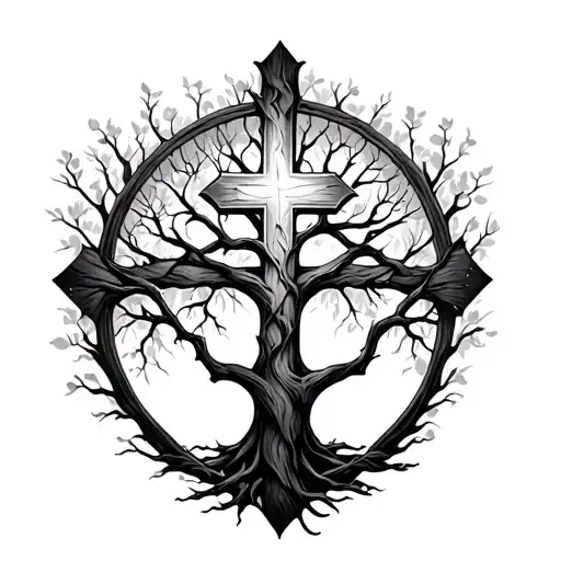 Cross And Tree Of Life Intertwined