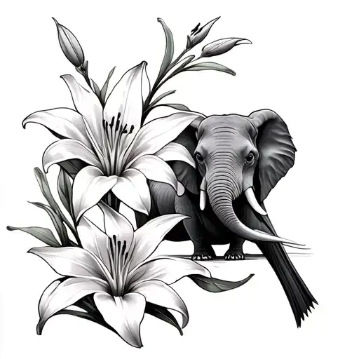 Bird Next To Star Gazer Lily And Elephant