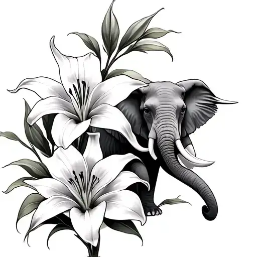 Bird Next To Star Gazer Lily And Elephant