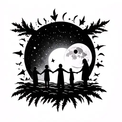 Mom With Two Sons Holding Hands With Sun And Moon