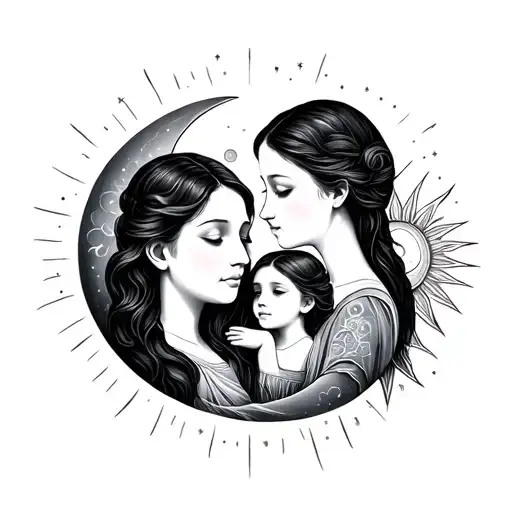 A Mother With Her Two Children With A Moon And Sun
