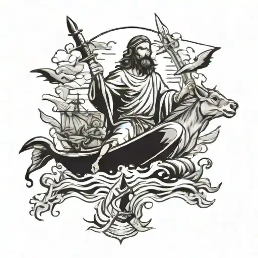 Jesus Walking On Water Surrounded By Hunting Gear And Animals