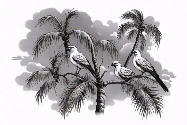 Three Birds Coming Out Of A Palm Tree In The Clouds
