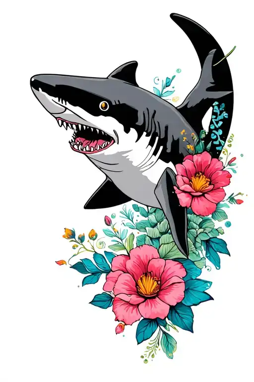 Space With Shark And Flowers Colorful