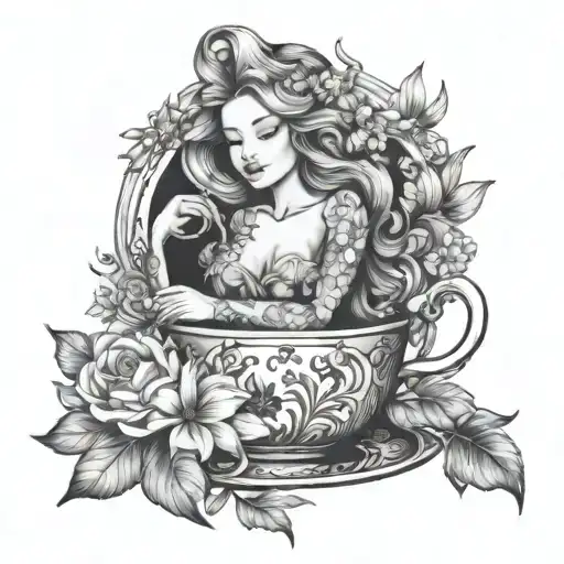 Mermaid In Teacup On Books Surrounded By Florals