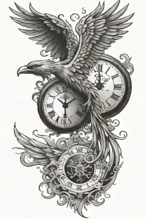 A Phoenix Flying In Front Of A Clock
