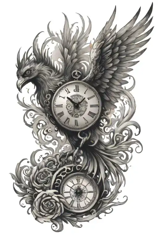 A Phoenix Rising From The Ashes With A Clock Behind It