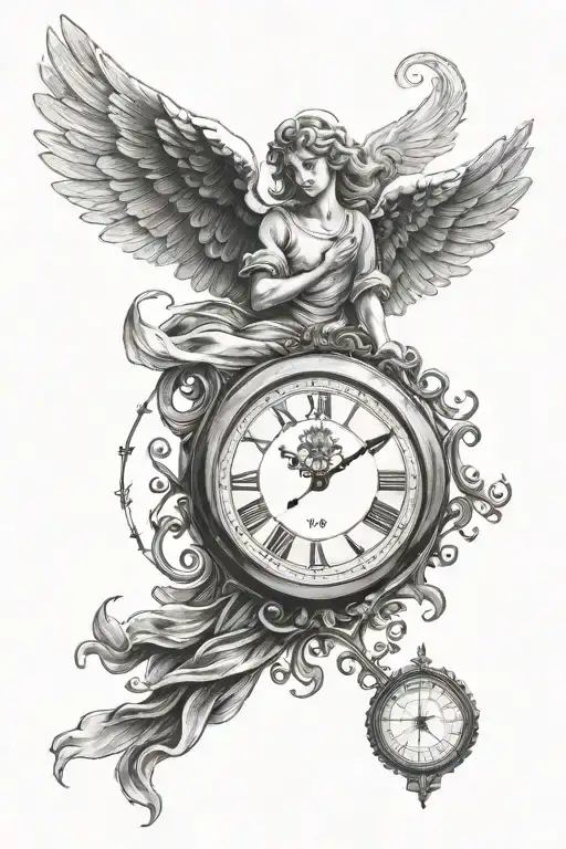 An Angel In The Sky Flying Under A Clock
