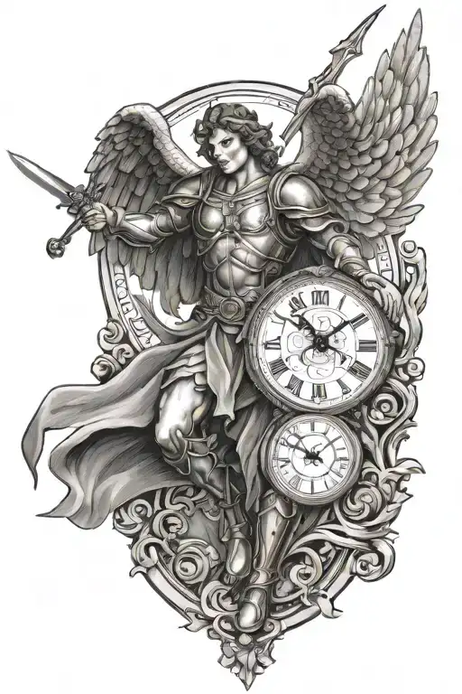 Archangel Michael Flying In Front Of A Clock Holding A Sword