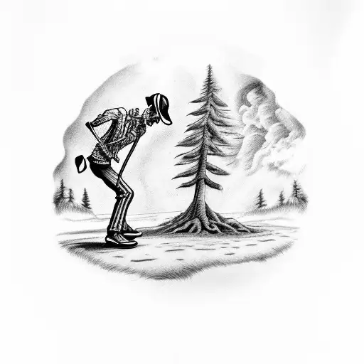 Black-grey Tattoo Of A Skeleton Golfer Swinging A Club In A Haunted Forest