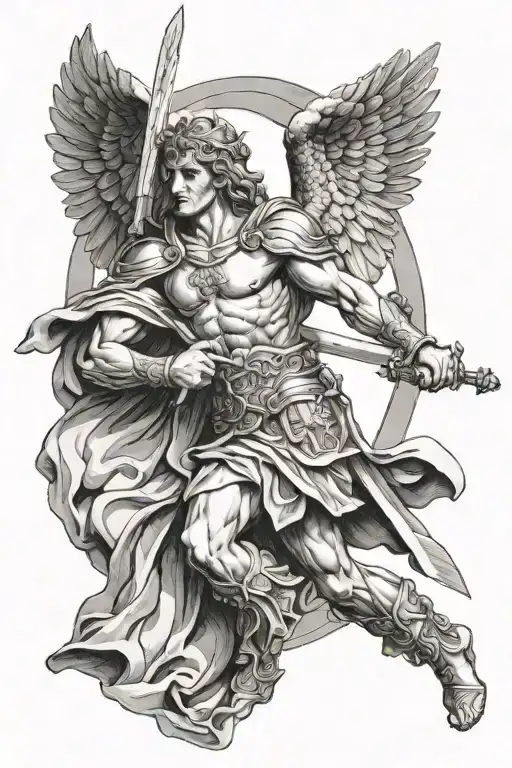 Archangel Michael Holding A Sword In Front Of Ancient Greek Architecture