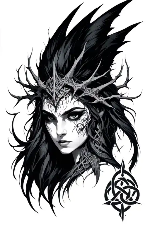 Morrigan Goddess Face With Celtic Knot And Thorns