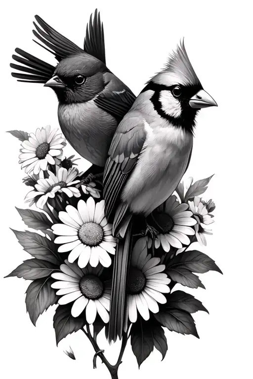 Lillie Of The Valley And Daisies With A Male And A Female Cardinal Perched On The Flowers