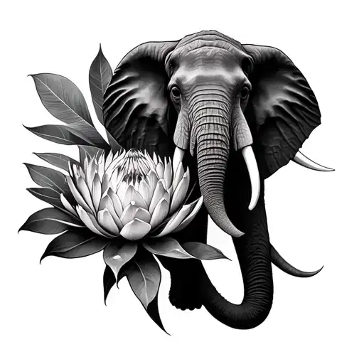 Queen Protea Flowers And African Elephant