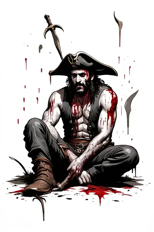 Bloody And Battered Handsome Pirate Sitting On The Ground Dead