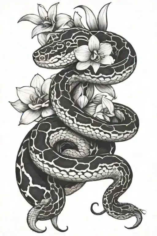 Pied Ball Python Coiled With Orchid Flowers