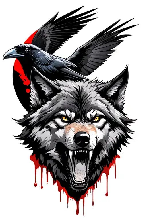 Snarling Wolf With A Raven And Blood Moon