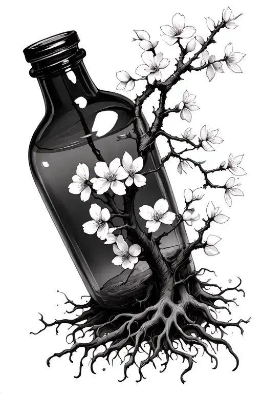 Cherry Blossom Tree With Roots Around A Bottle