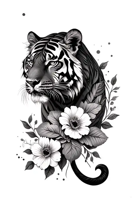 Tiger And Flowers Intertwined