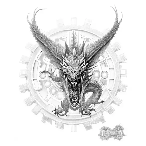 An Intricate Black-grey Tattoo Of A Dragon Surrounded By 3D Printed Gears And Machinery