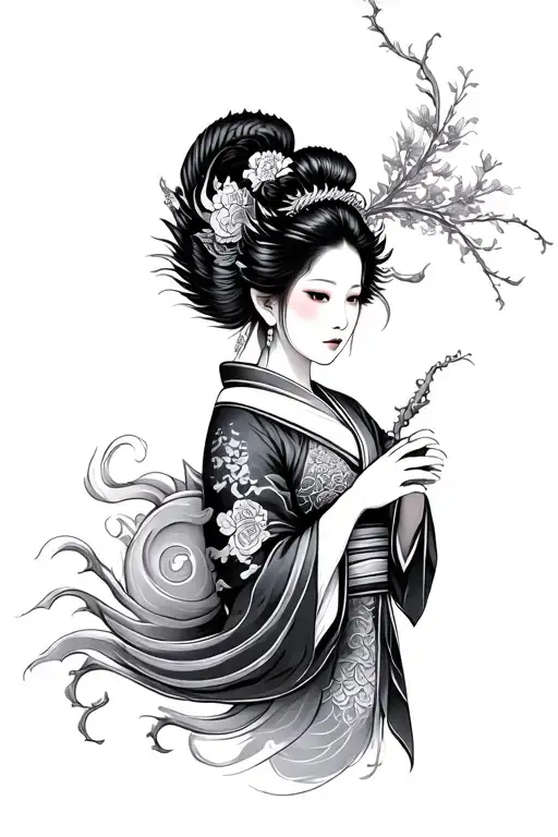 Geisha Gril Japanese Dragon Wrapped Together