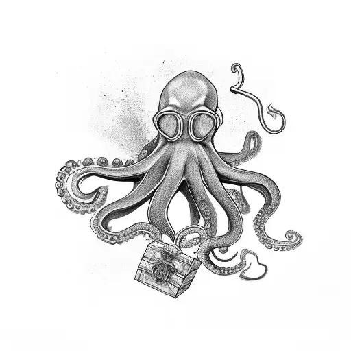Octopus Guarding Treasure Chest With An Old School Scuba Diver Stealing The Treasure