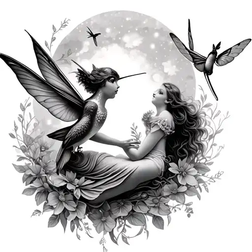 Fairies Playing With A Hummingbird While Dragonflies Fly Around