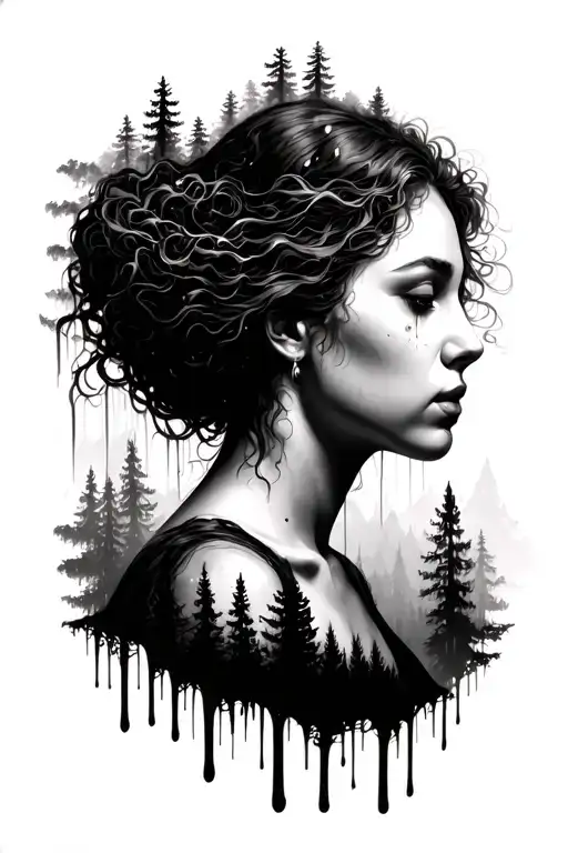 Realistic Tattoo Forearm With A Background Forest And The Face Of A Woman Melted In The Forest