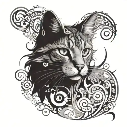 Design A Tattoo Of A Cat With Mysterious Symbols Hidden In Its Fur
