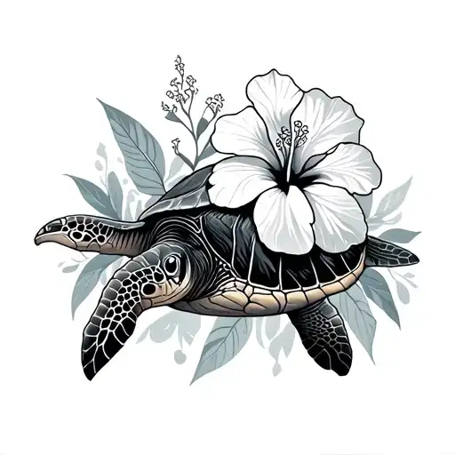 Fijian Sea Turtle With Fiji Hibiscus Flowers