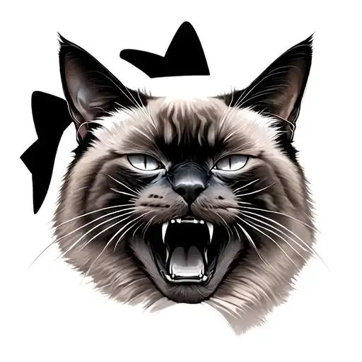 A Siamese Cat Face Looking Forward But His Mouth Open Like A Tiger And Looking Tough