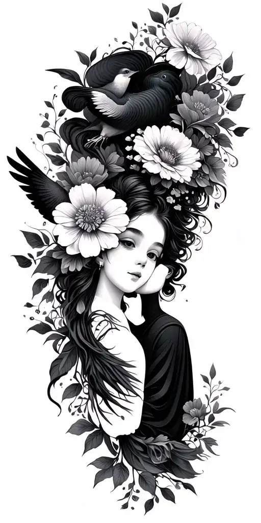 Mother And Son With Flowers And Birds