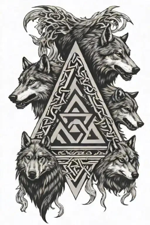 A Norse Valknut Surrounded By Wolves Fighting