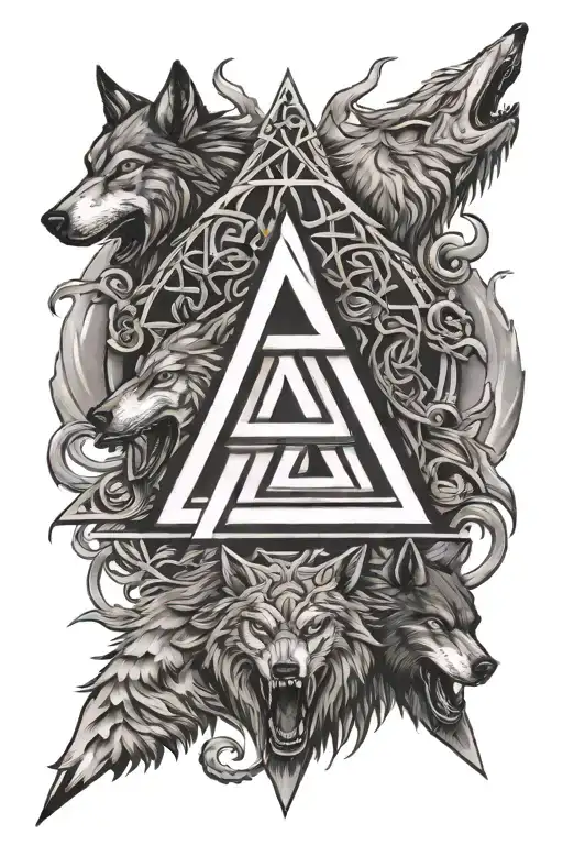 A Norse Valknut Surrounded By Wolves Fighting Dark Figuers