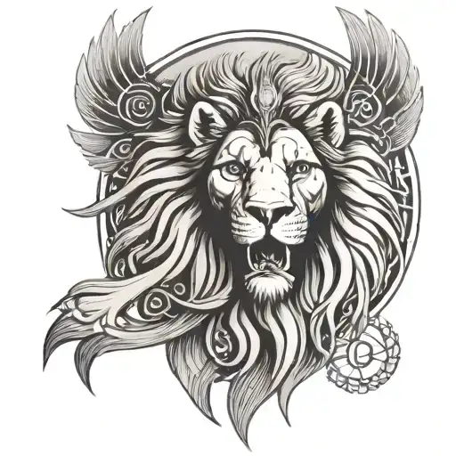 Roaring Lion Head With Flowing Mane And Sun Halo And Eye Of Horus And Eye Of Ra